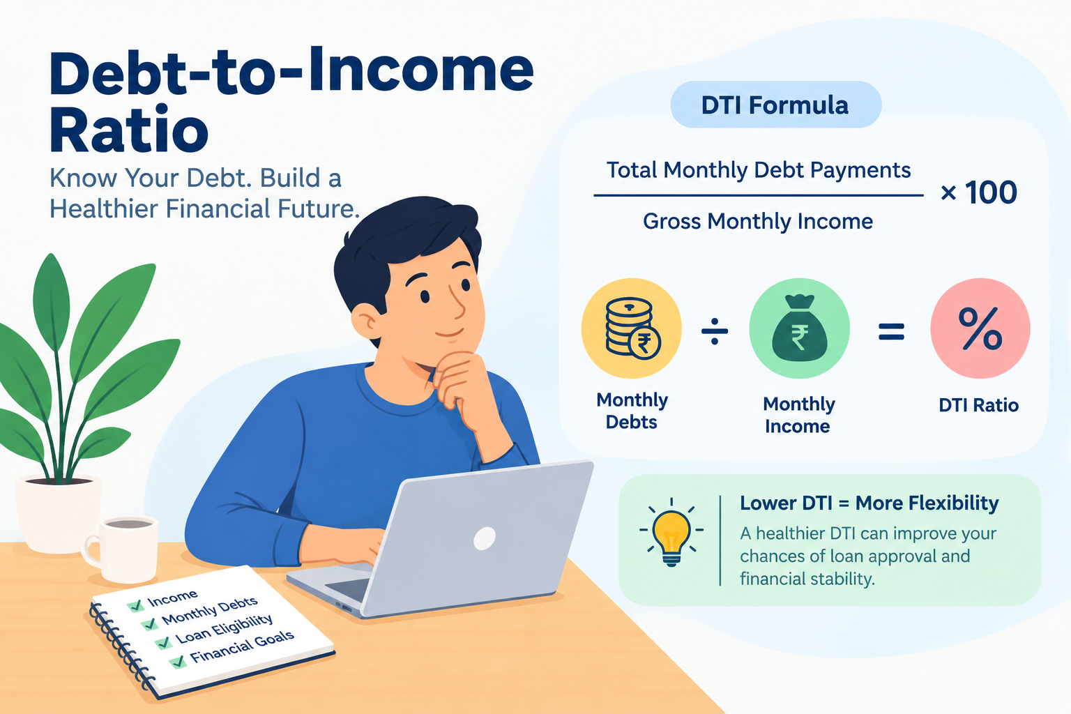 Debt-to-income ratio infographic illustrating the relationship between monthly income and debt payments, with a calculator, rupee symbols, and financial planning elements to explain personal loan affordability in India.